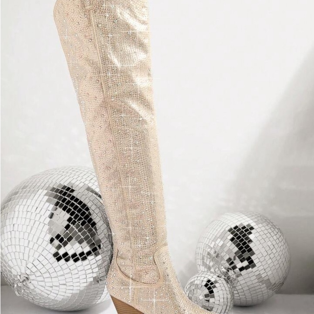 SHEIN • Women's Tayler Swit Inspired OTK Shining Rhinestone Boots - Champagne - Picture 2 of 4